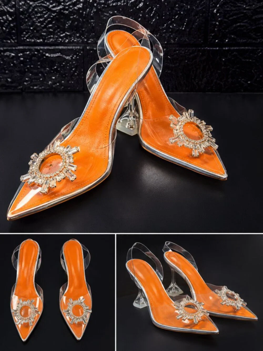 AMINUGAL Crystal Clear PVC Slingback Heels Rhinestone